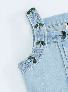 Young Girl Denim Set, Front Button Sleeveless Top + Buttoned Pocket Pants - Blue - View 4