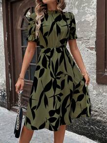 EMERY ROSE 女士系带装饰随机印花连衣裙（印花位置可能有所不同）长款女士服装 - 軍綠色 - 查看 5