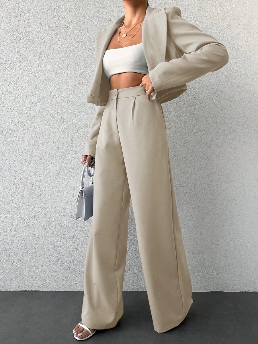 EURMUSE Women Short Blazer Collar Work Wear Jacket With Matching Suit Pants - Suit Set - Beige - View 1