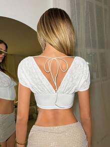 SHEIN ICON Summer Spring Outfits Deep V-Neck Lace Ruffle Elastic Waist White Short Sleeve T-Shirt - White - View 2