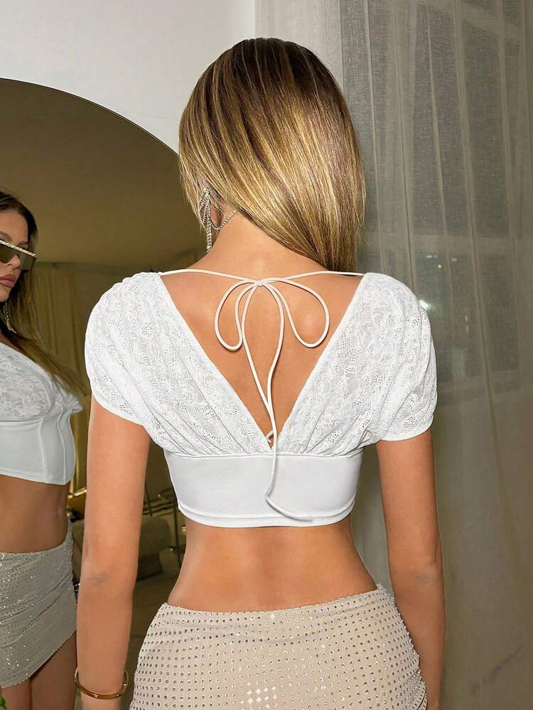 Summer Spring Outfits Deep V-Neck Lace Ruffle Elastic Waist White Short Sleeve T-Shirt