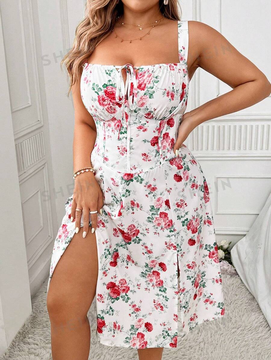 Breezaya Vestido cami plus size con estampado floral y escote fruncido