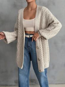 EURMUSE Women Cable Knit Detailed Long Cardigan - Beige - View 5