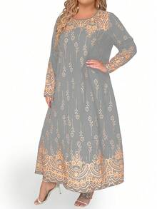 SHEIN Clasi 大尺碼女士印花休閒長裙 - 淺灰色 - 查看 6