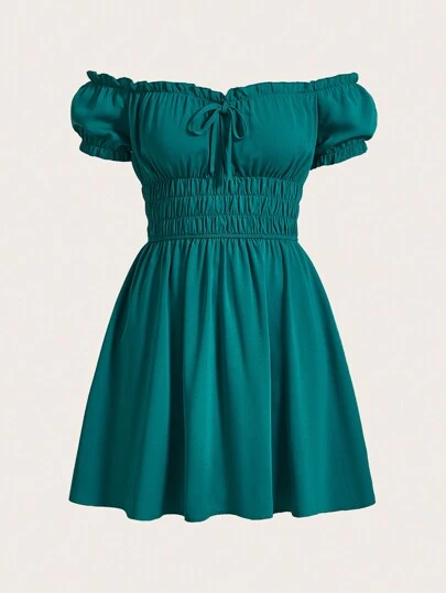 evoluSHEIN Ladies' Solid Color Ruched Bust Off Shoulder Frill Trim Dress