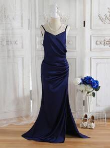 SHEIN 夏季海滩派对少女优雅细肩带开衩连衣裙，适合演出、婚礼、庆典、生日派对 - 藏蓝色 - 查看 1