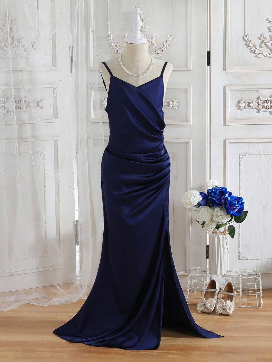 SHEIN 夏季海滩派对少女优雅细肩带开衩连衣裙，适合演出、婚礼、庆典、生日派对 - 藏蓝色 - 查看 1