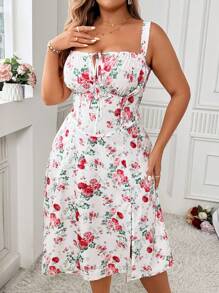 Breezaya Vestido cami plus size con estampado floral y escote fruncido