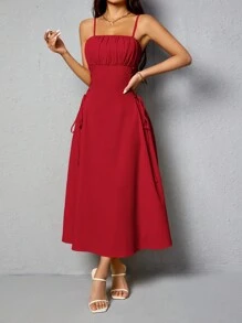 SHEIN PETITE Ladies Summer Solid Color Waist Tie Pleated Long Simple Elegant Spaghetti Strap Dress