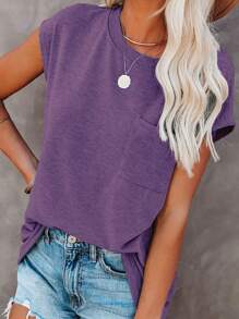 Women's Solid Color Batwing Sleeve T-Shirt Summer Loose Fit Casual Tops Pocket Patched Tee - Purple - View 5