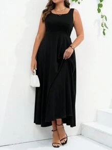 SHEIN Privé Robe parapluie grande taille pour femme à encolure carrée unicolore et taille cintrée - Noir - Voir 3