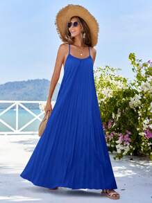 Vivid Eden 女性簡單休閒寬鬆褶皺露背夏季細肩帶連衣裙 - 寶藍色 - 查看 4