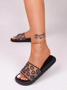 pueenb Summer Elegant Heart-Shaped Designed Flat Slippers, Suitable For Outdoor Activities - Lightweight, Anti-Slip, Perfect For Beach Or Outdoors - Black - View 2