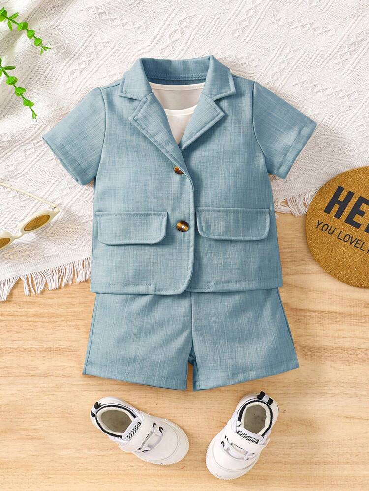 3pcs/Set Boy Baby Boy Summer Vacation Casual Linen Suit With Shorts And T-Shirt, Street Style Fashionable Outfit