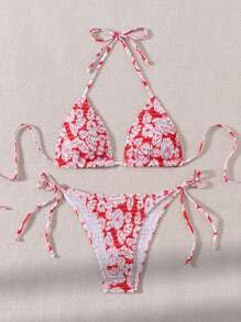 SHEIN Swim مجموعة بيكيني مقسمة بطباعة ورود عشوائية لشاطئ العطلة، لصيف الشاطئ - متعدد الألوان - مشاهدة 1