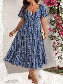 大尺碼印花深v領洋裝,配有荷葉邊和袖口