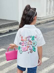 SHEIN Young Girl Woven Solid Color Loose Casual Shirt With Letter Pattern - White - View 5