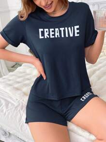 SHEIN 英文字印刷圓領短袖上衣+打結短褲睡衣套裝 - 藏蓝色 - 查看 5