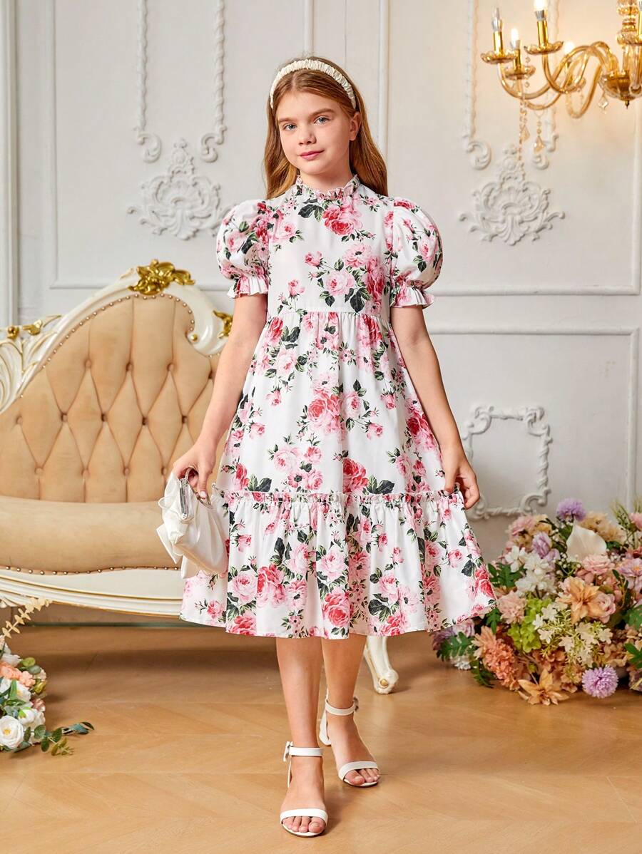 SHEIN Vestido floral holgado y casual con cuello de volantes y mangas abullonadas para niña preadolescente - Rosa - Ver 1