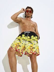 Manfinity Men Printed Drawstring Casual Beach Shorts For Vacation