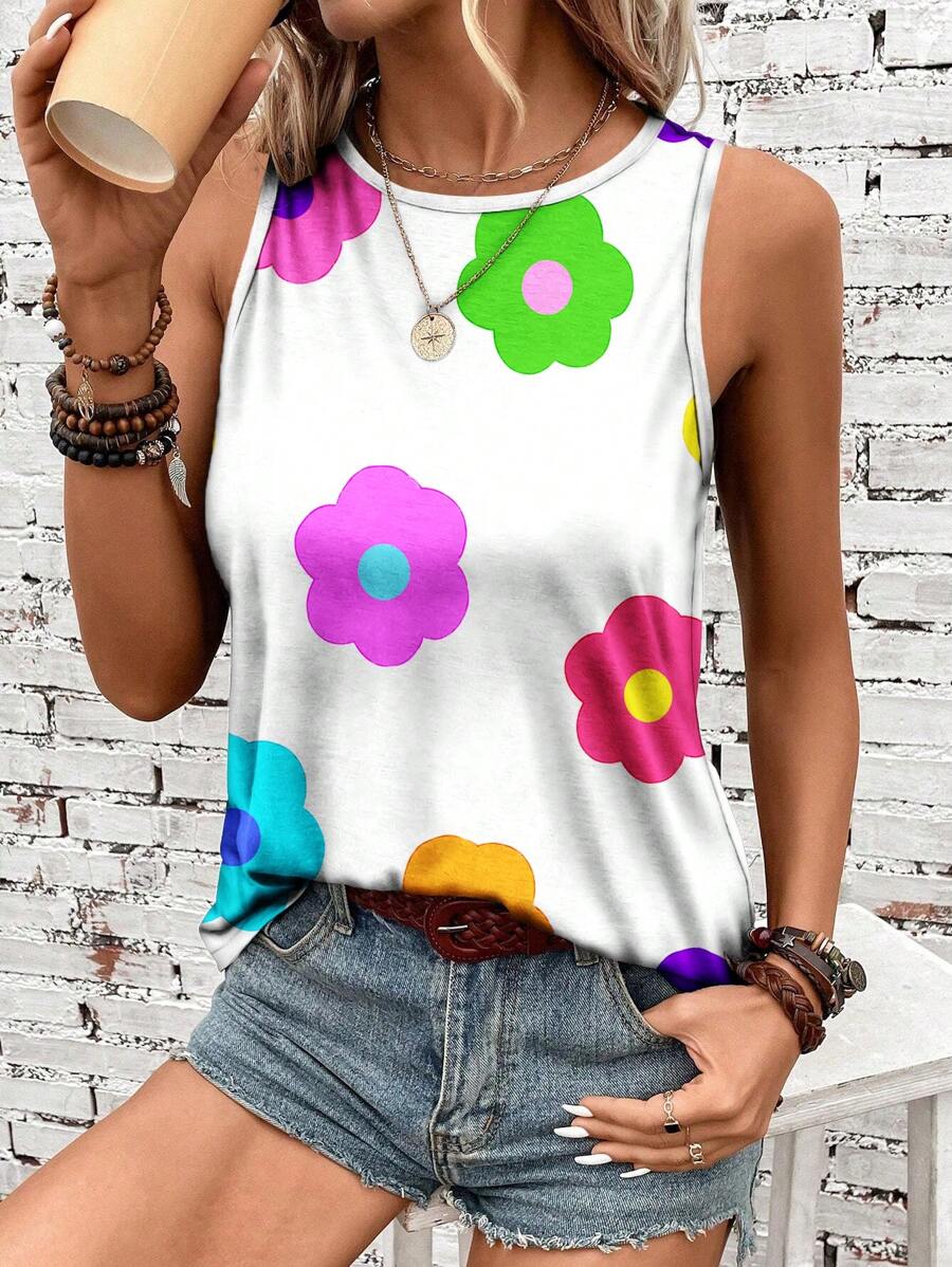 SHEIN LUNE Bộ áo liền quần cổ yếm in hoa mùa hè dành cho nữ - trắng - Xem 1