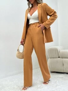 EURMUSE Solid Single Button Blazer & Suit Pants - Beige - View 1