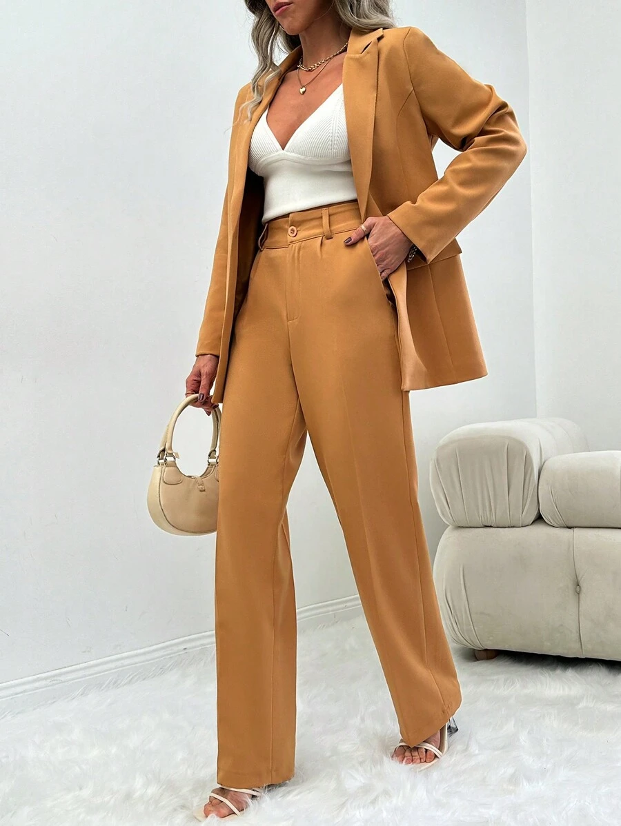 EURMUSE Solid Single Button Blazer & Suit Pants - Beige - View 1