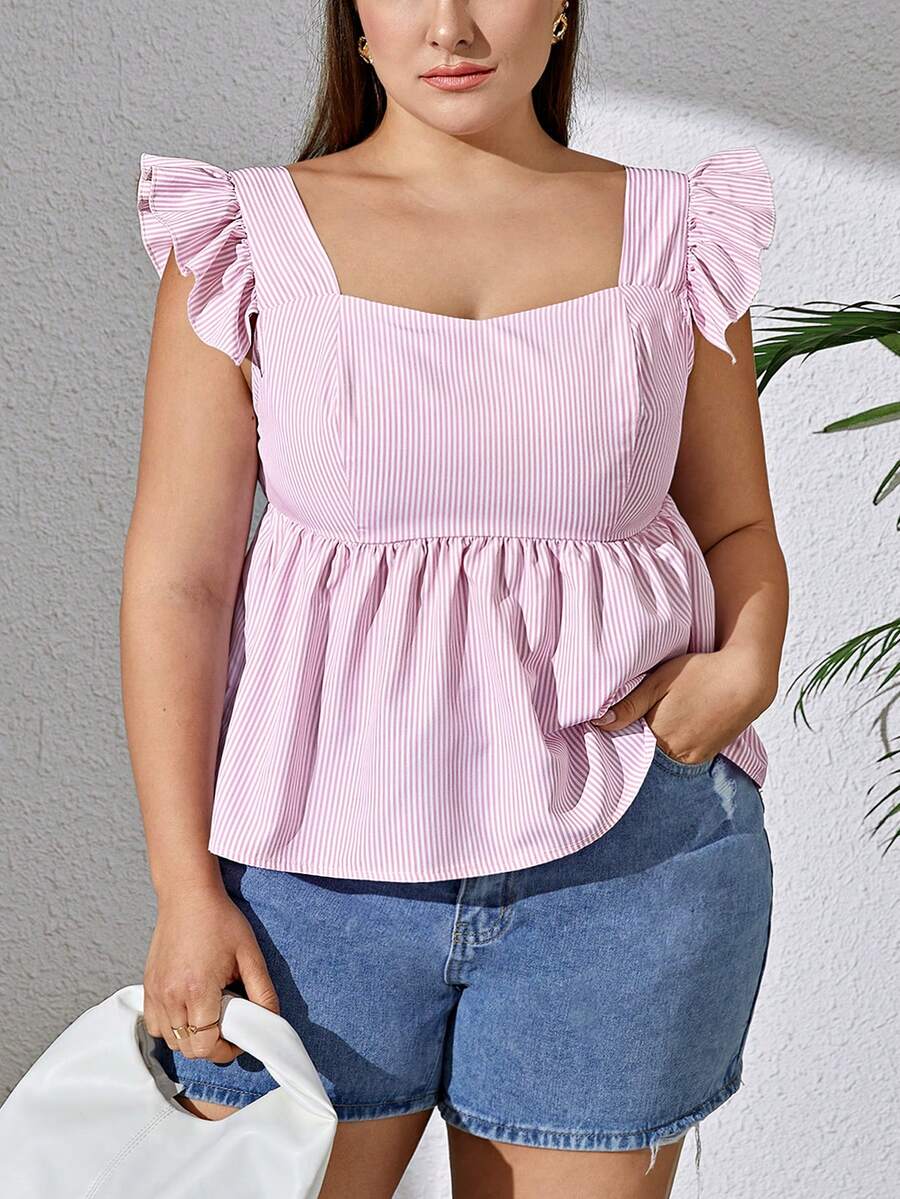 SHEIN Essnce Women Plus-Size Square Neck Cap Sleeve Shirt With Cinching Waist For Holiday And Casual, Blue - Pink - View 1