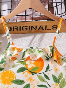 SHEIN Tween Girl Vacation Leisure Fruit Plant Printed Cami Top & Solid Lace Hem Skirt Set