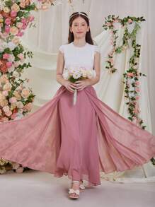 Teenage Girls' Elegant Wedding Chiffon Lace Cropped Top And Long Skirt Set, Spring/Summer