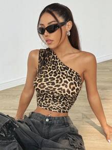 SHEIN EZwear Áo ba lỗ crop top in họa tiết da báo mùa hè - màu nâu - Xem 6