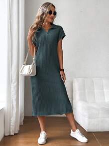 SHEIN LUNE 中長款女士毛衣連衣裙，毛絨絨設計，鍵盤衫領口，瑞拉肩袖，側開衩設計