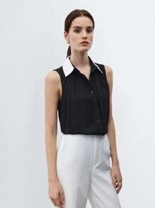 BizChic Women's Sleeveless Loose Flowing Contrast Color Blouse - Black - View 4