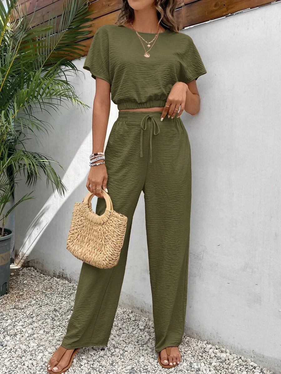 SHEIN Frenchy Women Two-piece Outfits Simpul Plain Casual - Hijau Tentara - View 1