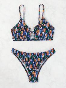 SHEIN Swim Women Vacation Floral Printed Halter Neck Simple Fashionable Bikini Set, Printed Pattern Random Summer - Multicolor - View 3