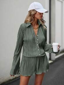 Siren Gaze Women Casual Solid Color Simple Style Long Sleeve Shirt And Shorts Two-Piece Set For Spring/Summer Winter