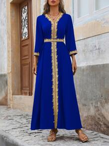 SHEIN Unity Spring And Summer Elegant Colorblock Lace Patchwork Long Dress, Modest Kaftan