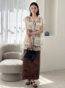 FRIFUL Áo cánh cổ chữ V in màu trơn cho nữ - Màu be - Xem 2