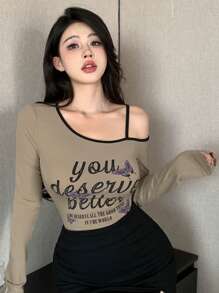 DAZY Women Spring Casual Butterfly Slogan Print Slim Fit Long Sleeve T-Shirt IN THE WORLD YOU DESERVE ALL THE GOOD THINGS  YOU DESERVE BETTER