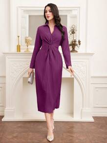 Mulvari Ladies' Spring Summer Solid Color Long Sleeve Twisted Waist Elegant And Fashionable Long Dress - Red Violet - View 3