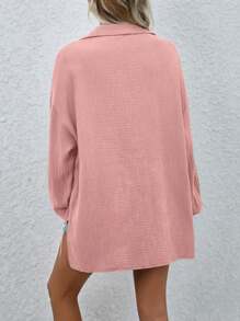 SHEIN LUNE 女士純色垂墜肩寬鬆休閒襯衫，適用於春季和夏季 - 粉色 - 查看 2
