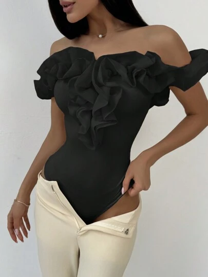 Aloruh Body elegant din plasă, cu umăr gol, pentru sezonul nunților, pentru purtare zilnică, întâlniri și vacanță, ținută de plajă slim-fit, body negru, ținută de vară pentru femei