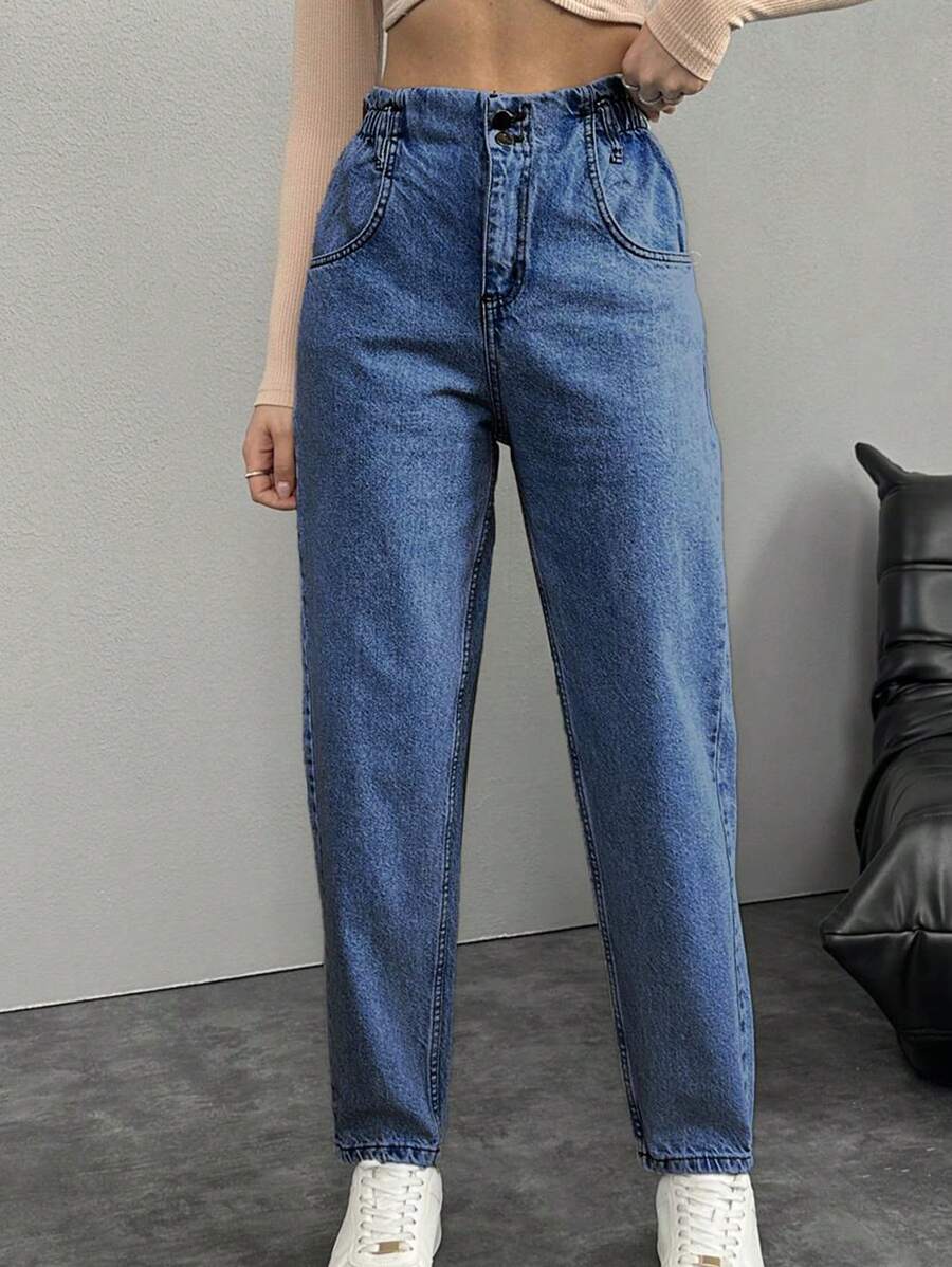 RueChic Tapered Denim Pants - Blue - View 1