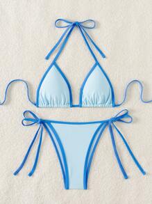 Swim Mod Color Block Edged Halter Back Tie Summer Beach Bikini Set