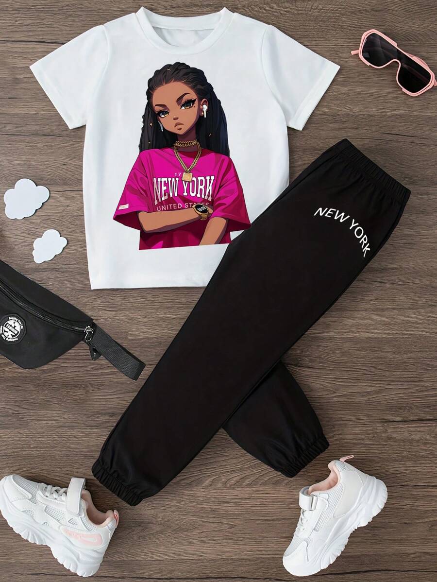 SHEIN 青少女夏季角色印花圓領短袖T恤和Joggers休閒兩件套裝 - 黑色 - 查看 1