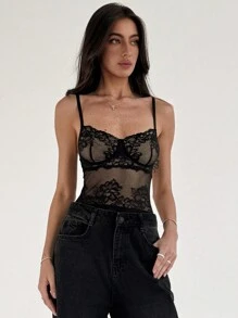 Aloruh Women Lace Tight Black Sleeveless Street Style Bodysuit With Straps