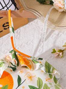 SHEIN Tween Girl Vacation Leisure Fruit Plant Printed Cami Top & Solid Lace Hem Skirt Set