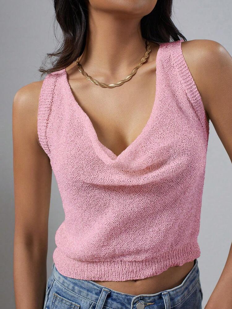 Women Casual Solid Color Draped Short Sleeve Knitted Top For Spring/Summer