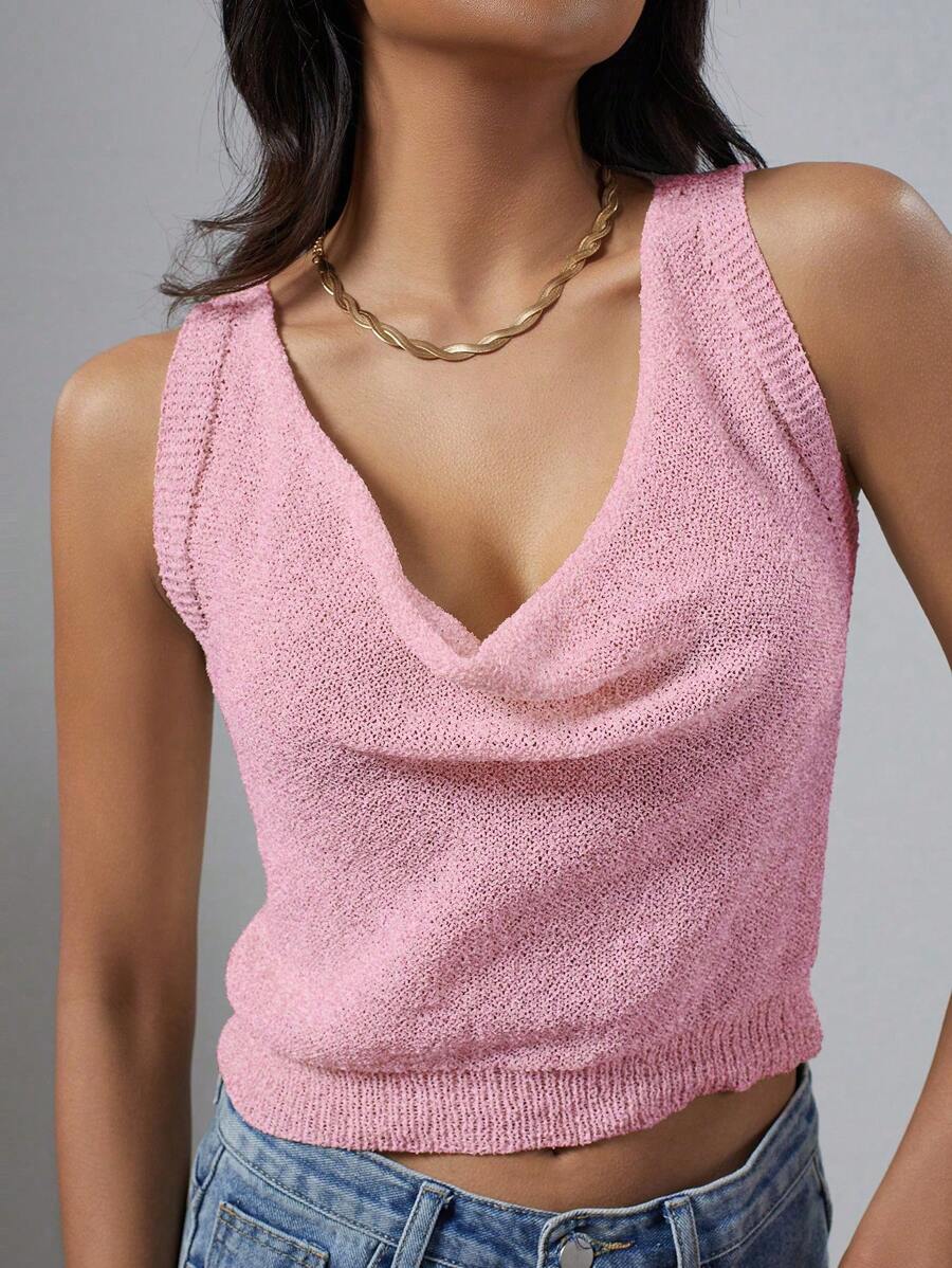 SHEIN Unity Women Casual Solid Color Draped Short Sleeve Knitted Top For Spring/Summer - Pink - View 1