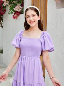 SHEIN Vestido casual largo suelto para adolescente con manga abullonada, cuello cuadrado y detalles de tejido en color limpio - Púrpura malva - Ver 3